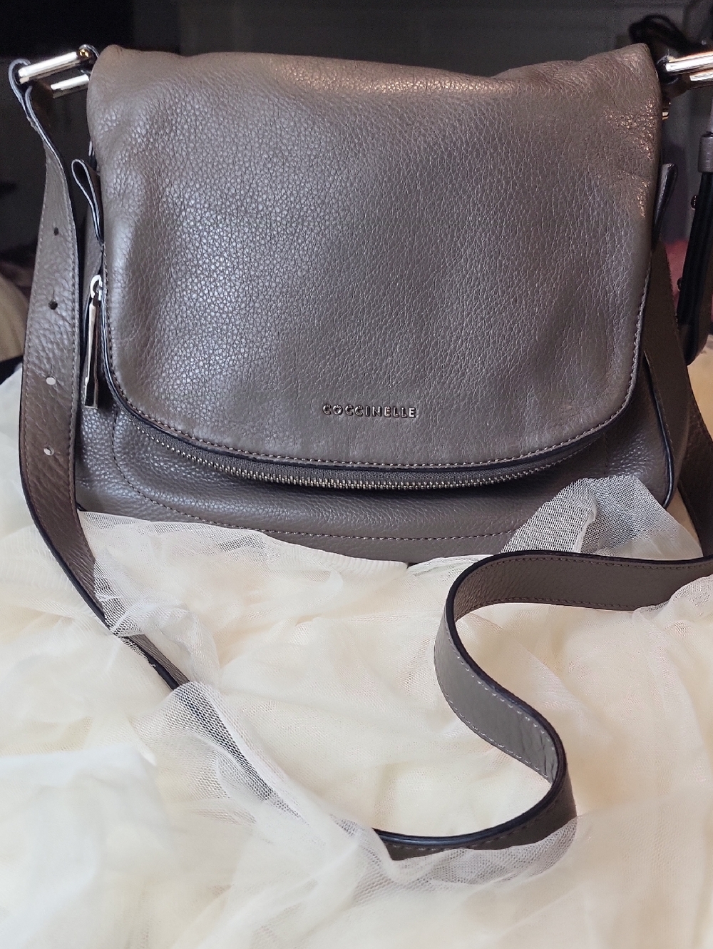 COCCINELLE Warm Taupe Leather Crossbody Bag